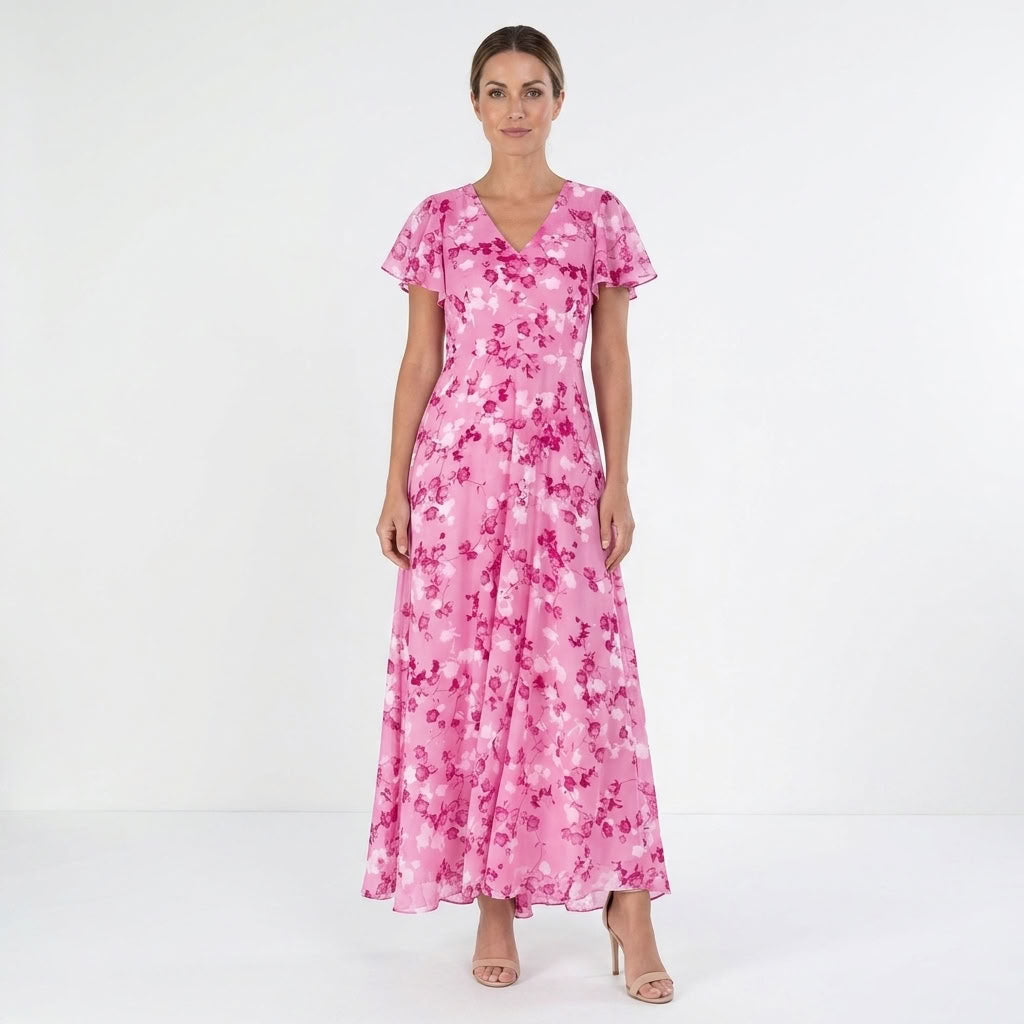 Floral Ruffle Sleeve Chiffon-Look Maxi Dress For Women