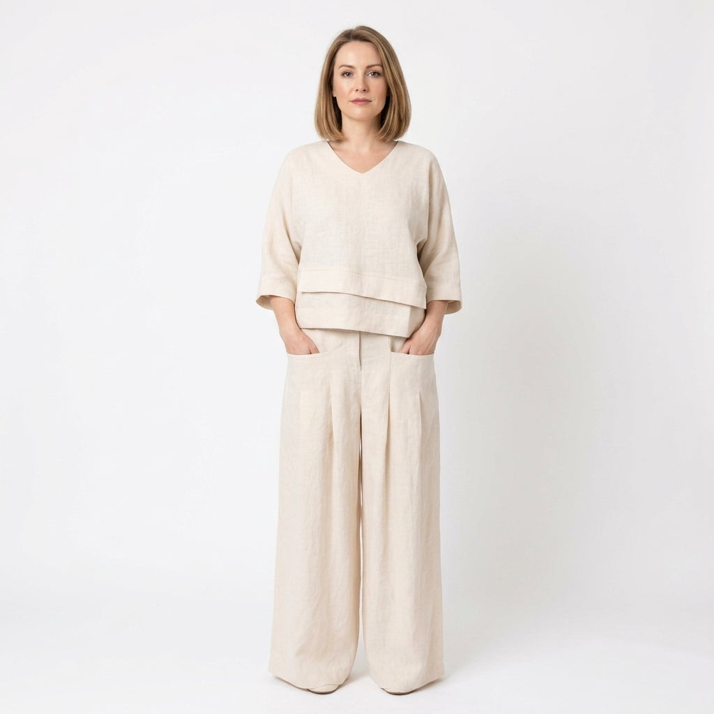 Asymmetrical V-Neck Wide Leg Pants Set For Women