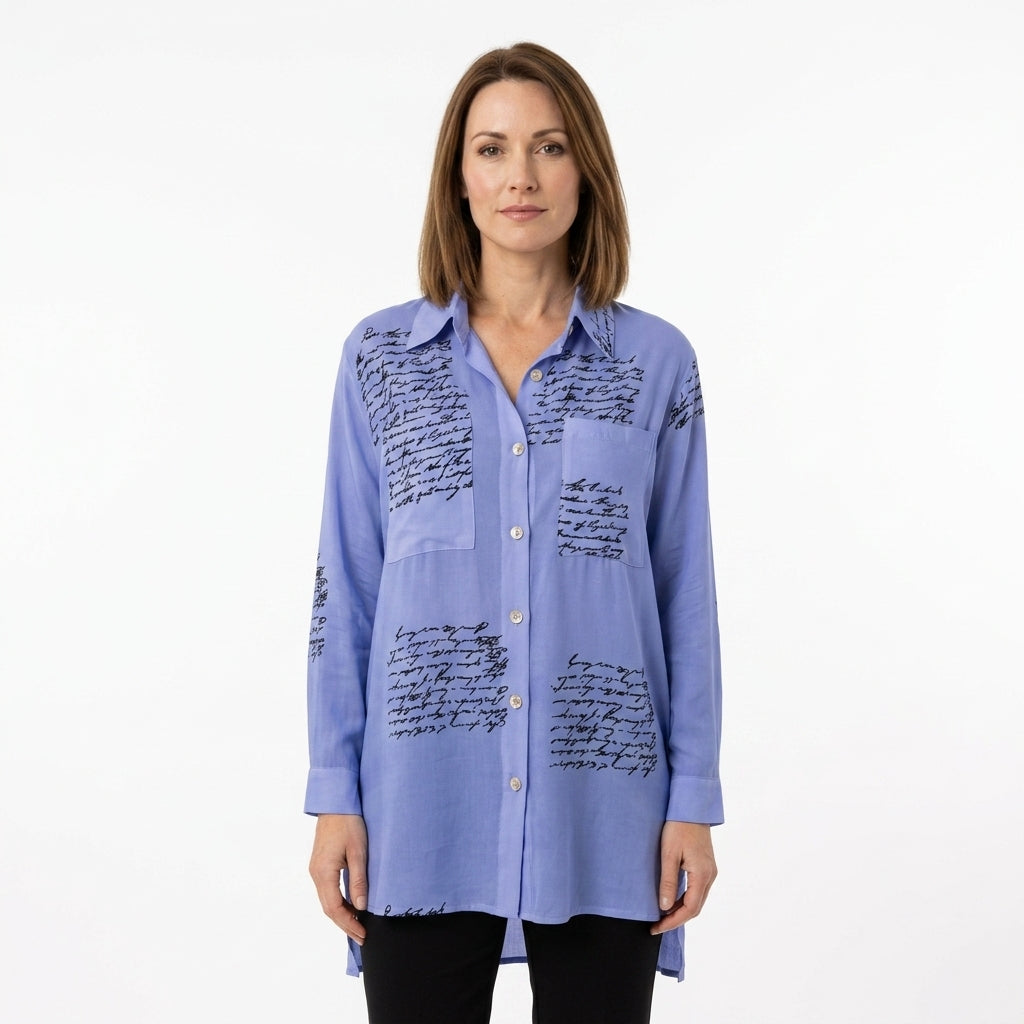 Handwriting Print Button-Up Shirt For Women