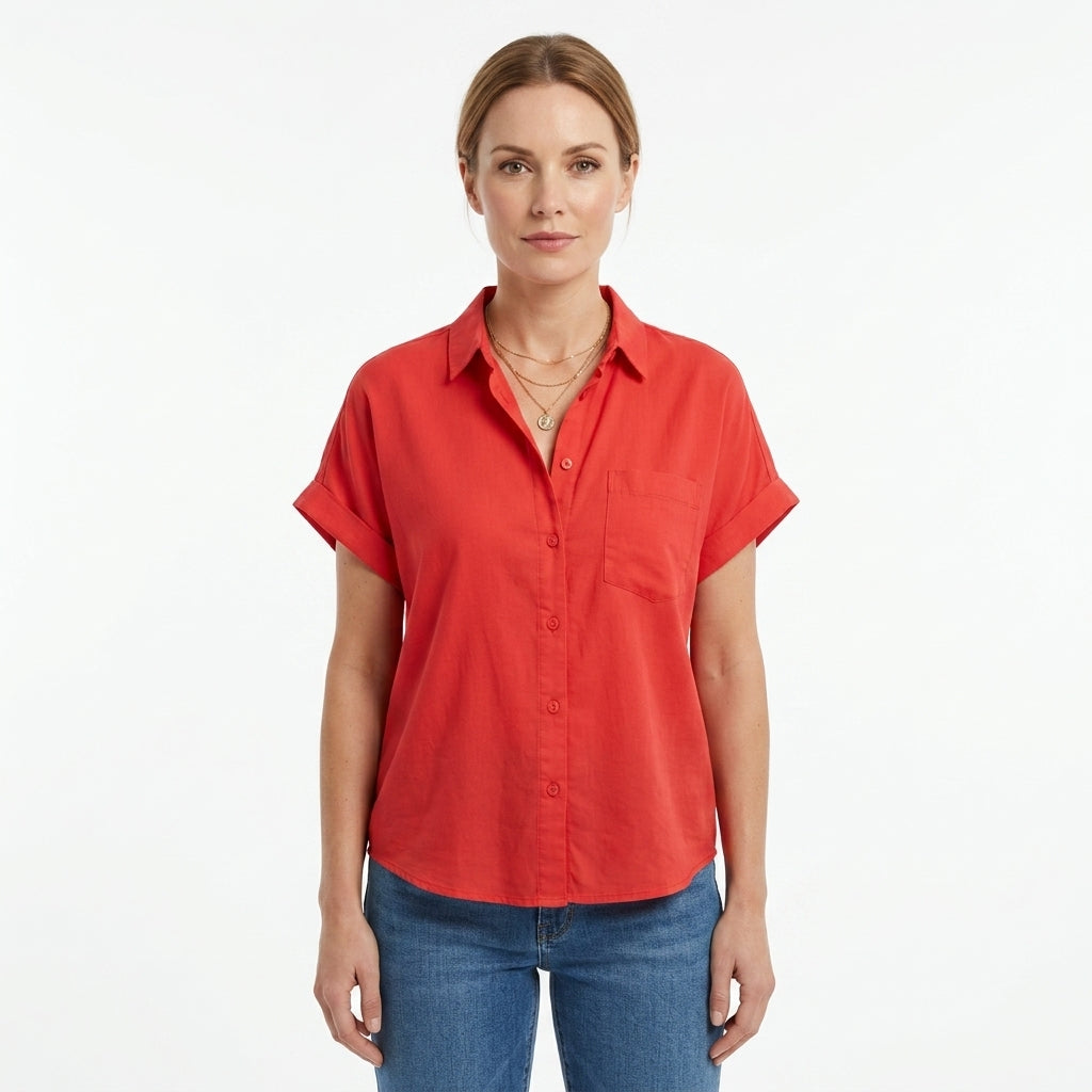 Button Front Rolled Sleeve Blouse For Women