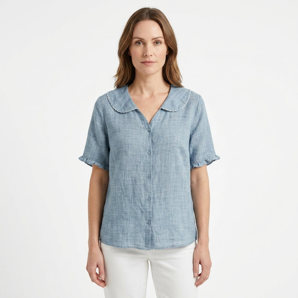 Ruffle Collar Linen Shirt For Women