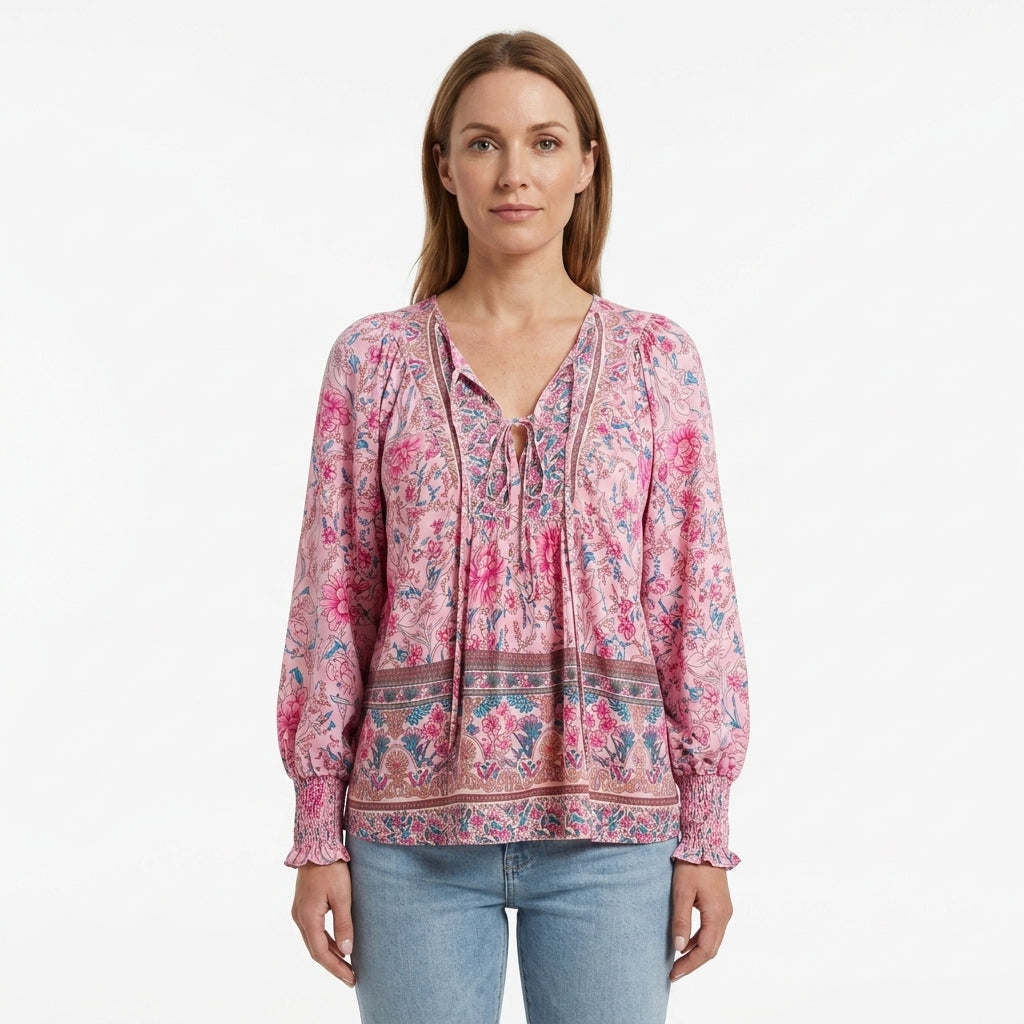 Boho Floral Tie Front Blouse For Women