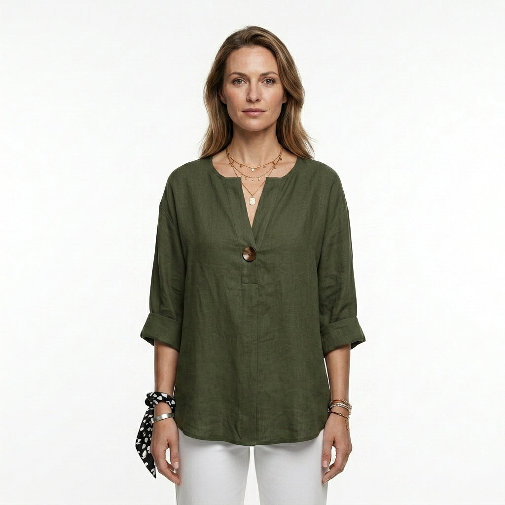 Relaxed V-Neck Button Blouse For Women