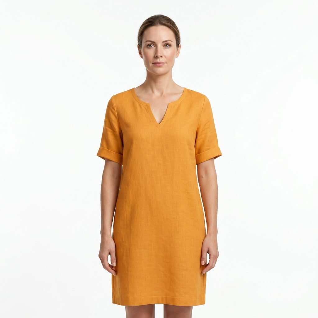 Linen Blend V-Neck Knee-Length Dress For Women