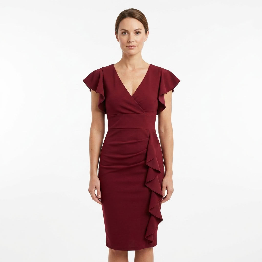 Ruched Sleeve Fitted Midi Dress For Women