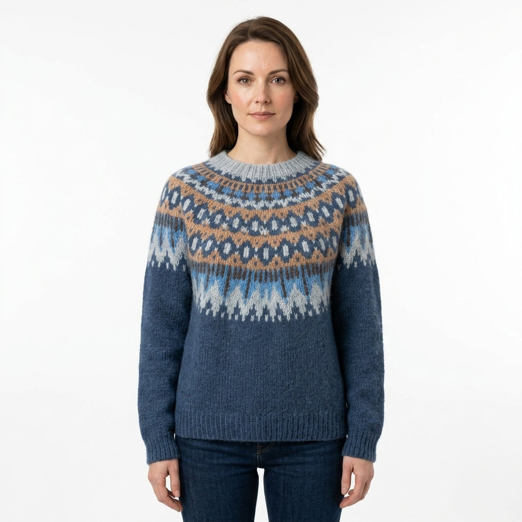 Women’s Nordic-Pattern Crew-Neck Sweater With Relaxed Fit