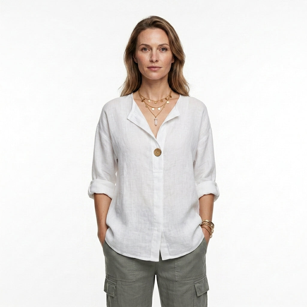Relaxed V-Neck Button Blouse For Women