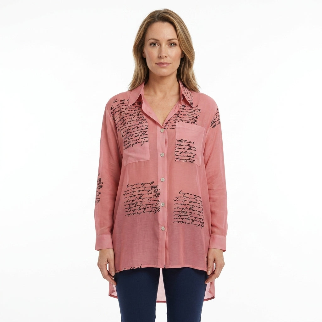 Handwriting Print Button-Up Shirt For Women