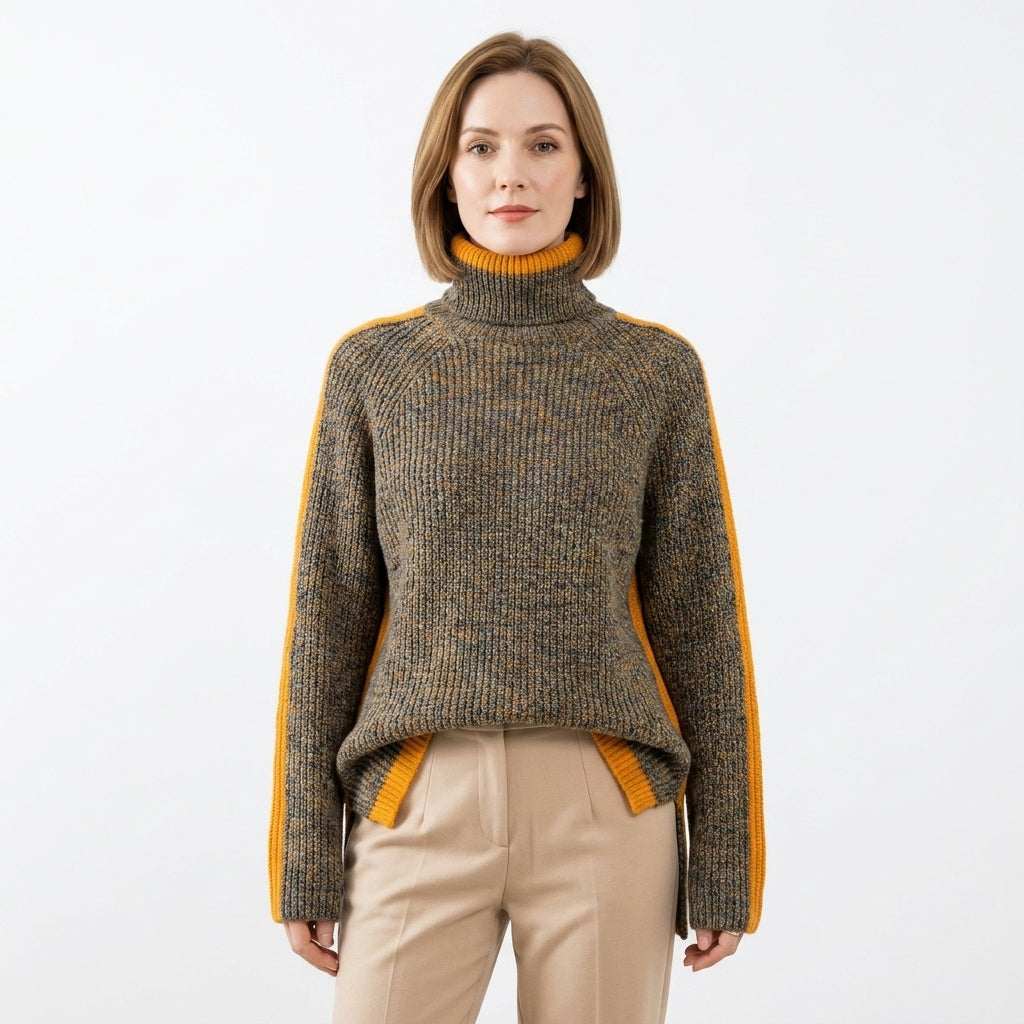 Chunky Contrast Trim High Neck Sweater For Women