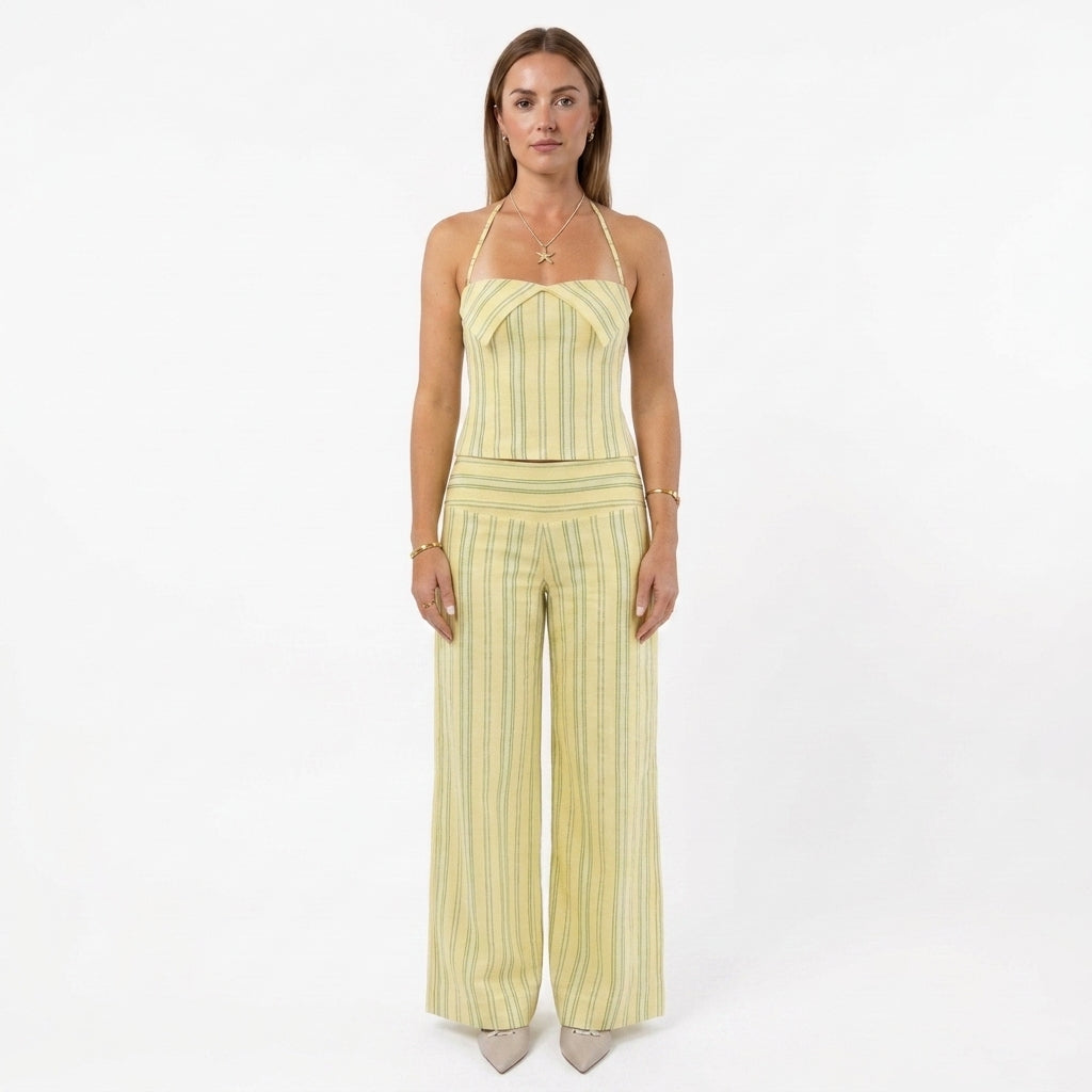 Neck-Tie Top And Striped Pants Set For Women
