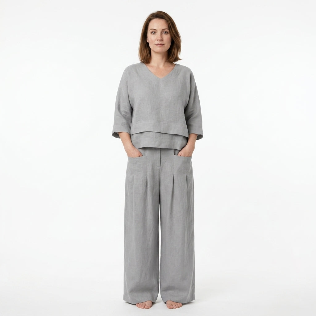 Asymmetrical V-Neck Wide Leg Pants Set For Women