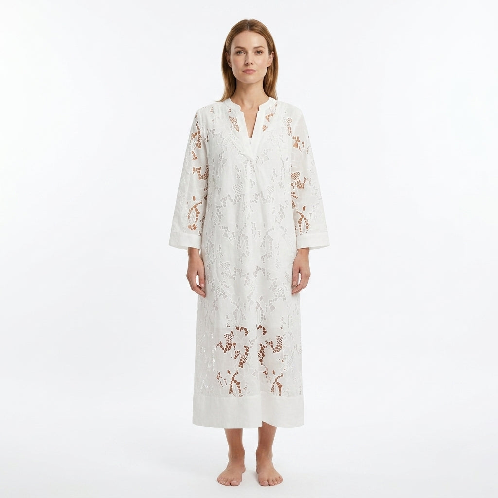 White Embroidered Lace V-Neck Dress For Women