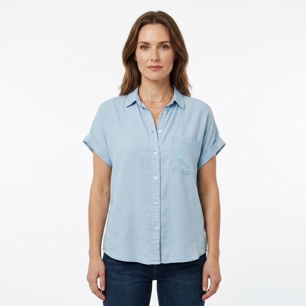 Button Front Rolled Sleeve Blouse For Women