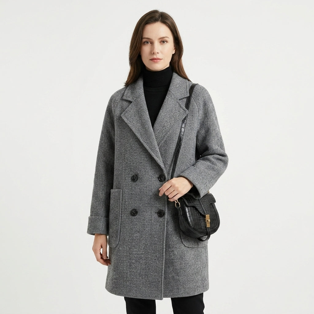 Tailored Double-Breasted Wool Blend Coat For Women
