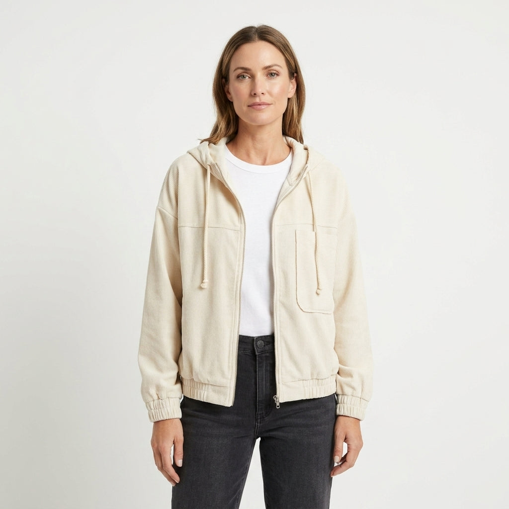 Hooded Corduroy Zip Jacket For Women