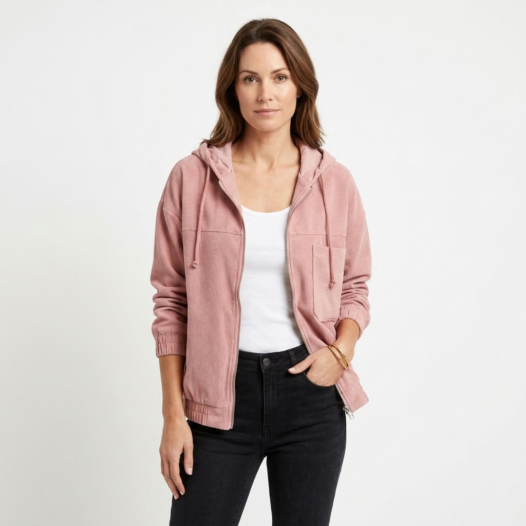 Hooded Corduroy Zip Jacket For Women