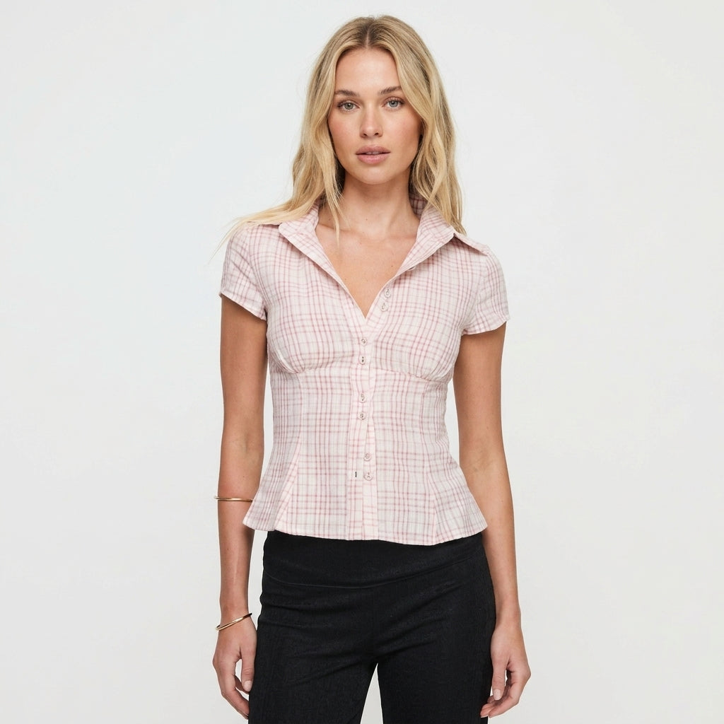 Check Pattern Tailored Blouse For Women