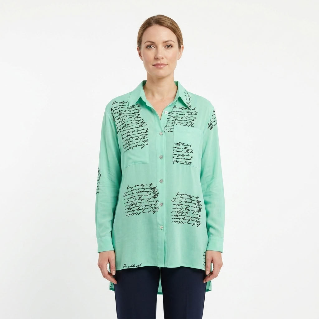 Handwriting Print Button-Up Shirt For Women