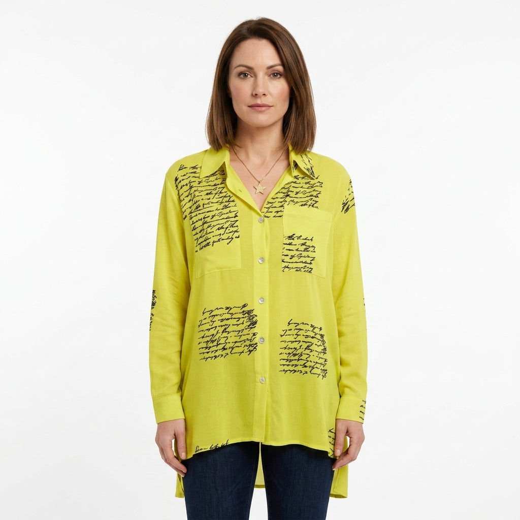 Handwriting Print Button-Up Shirt For Women