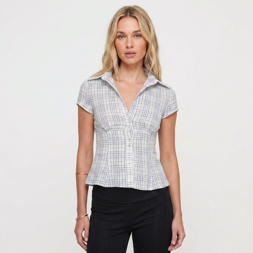 Check Pattern Tailored Blouse For Women