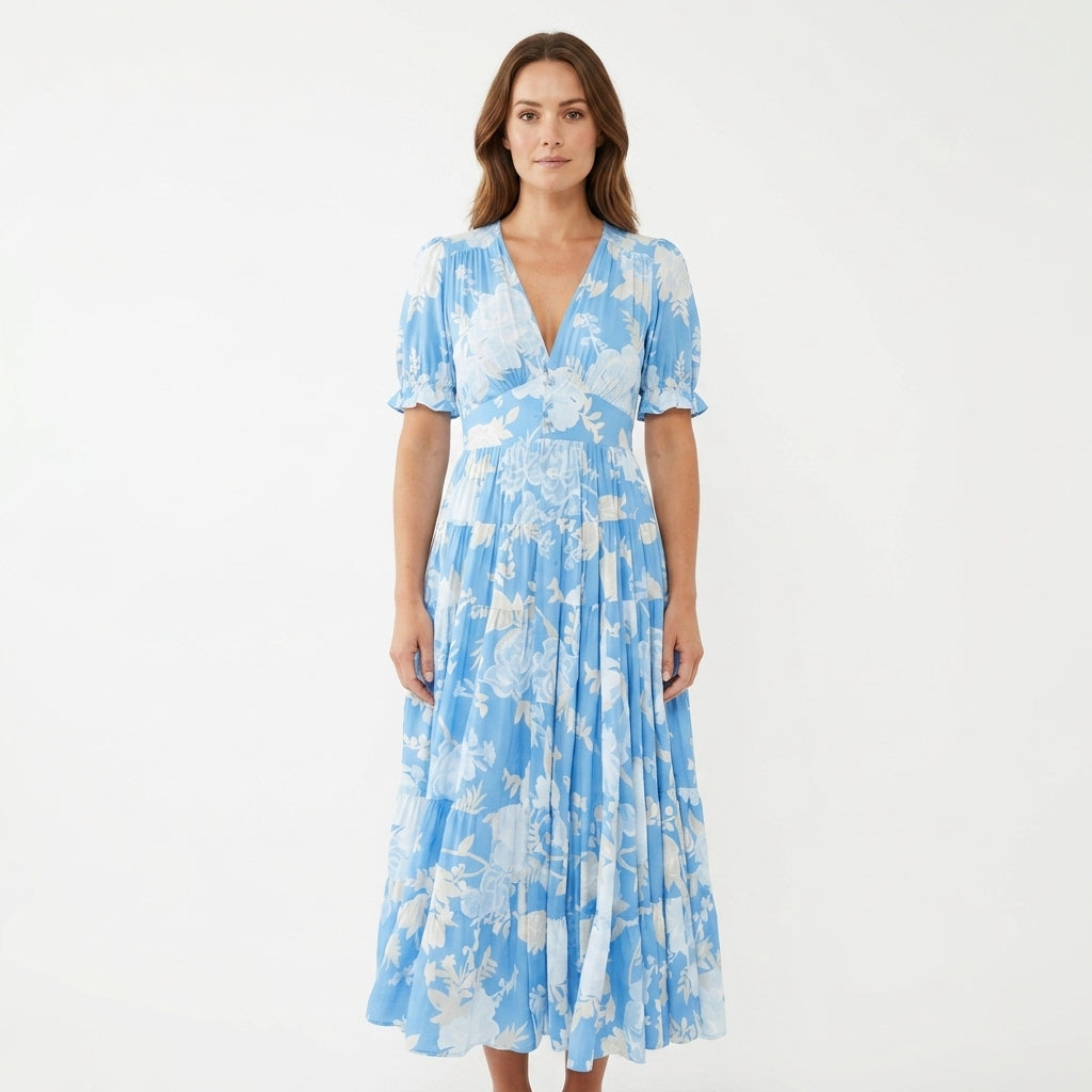 Floral V-Neck Butterfly Sleeve Maxi Dress For Women