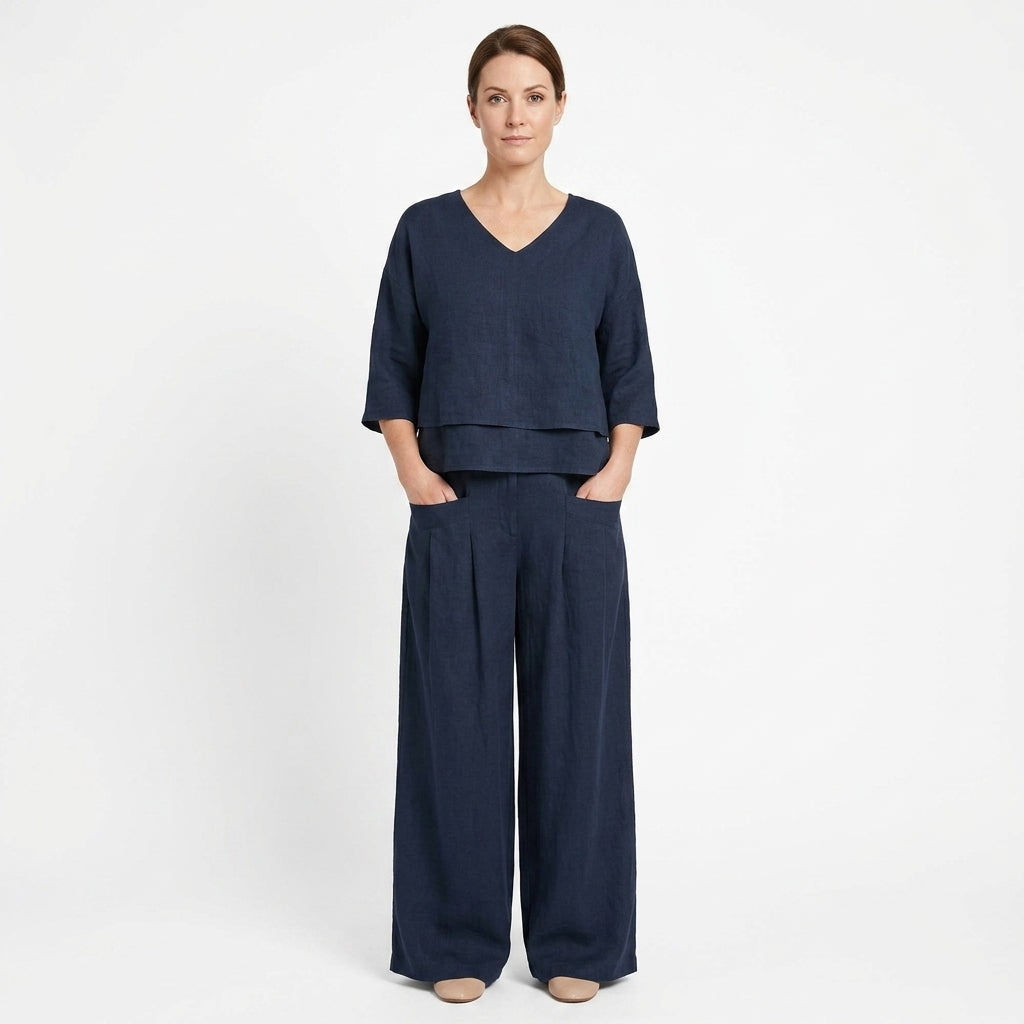 Asymmetrical V-Neck Wide Leg Pants Set For Women