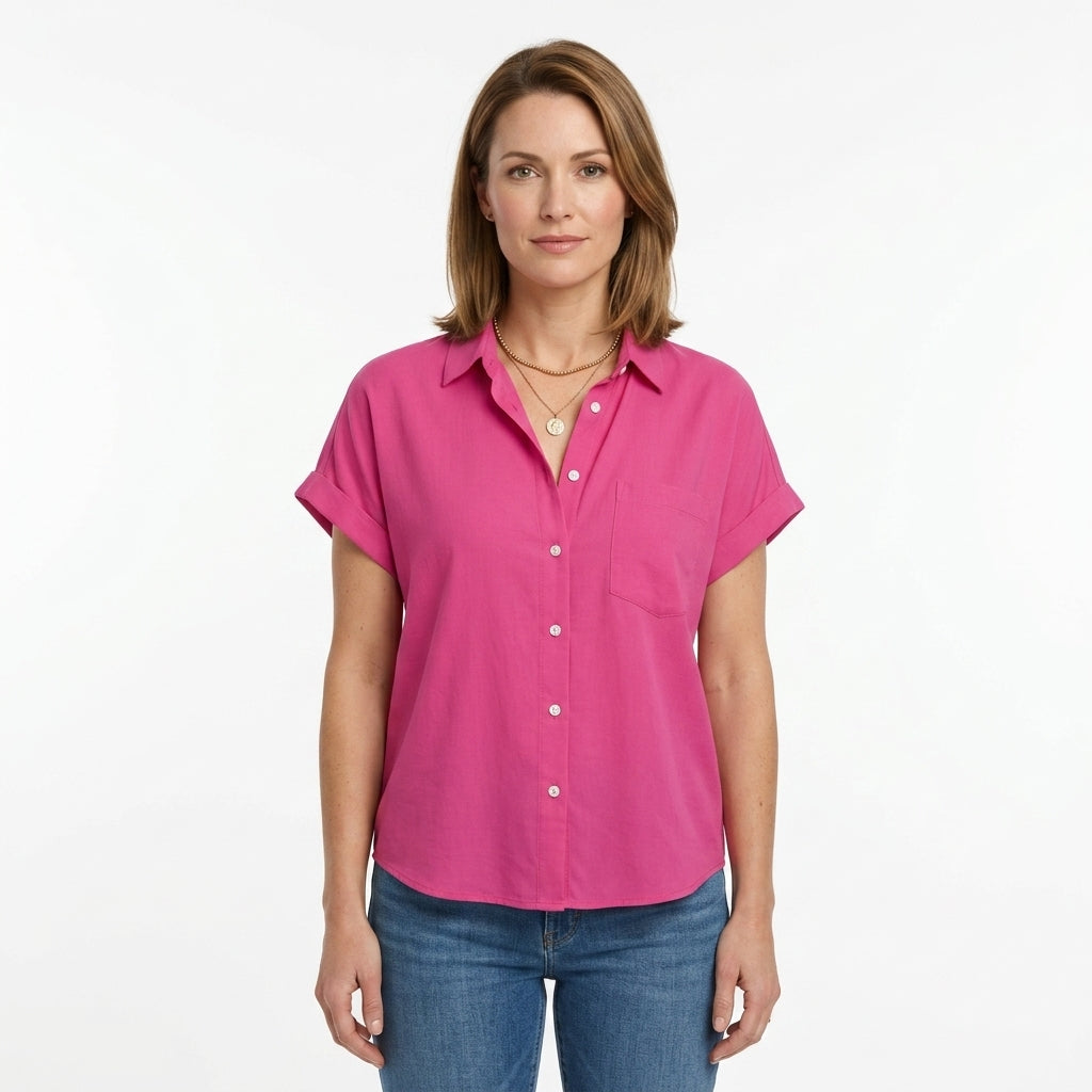 Button Front Rolled Sleeve Blouse For Women