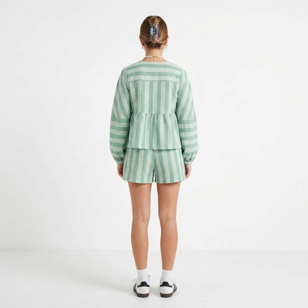 Striped Cotton Blouse And Shorts Set For Women