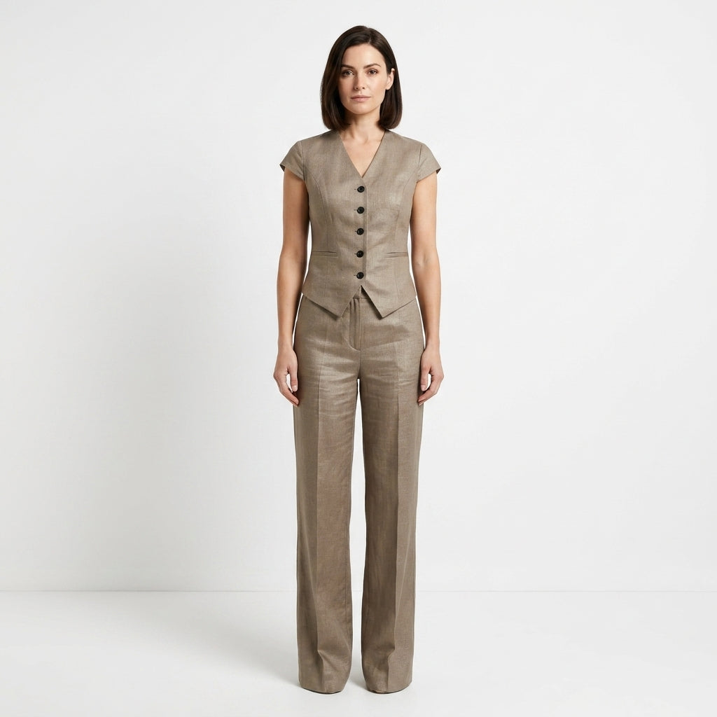 Linen V-Neck Top And Pants Set For Women