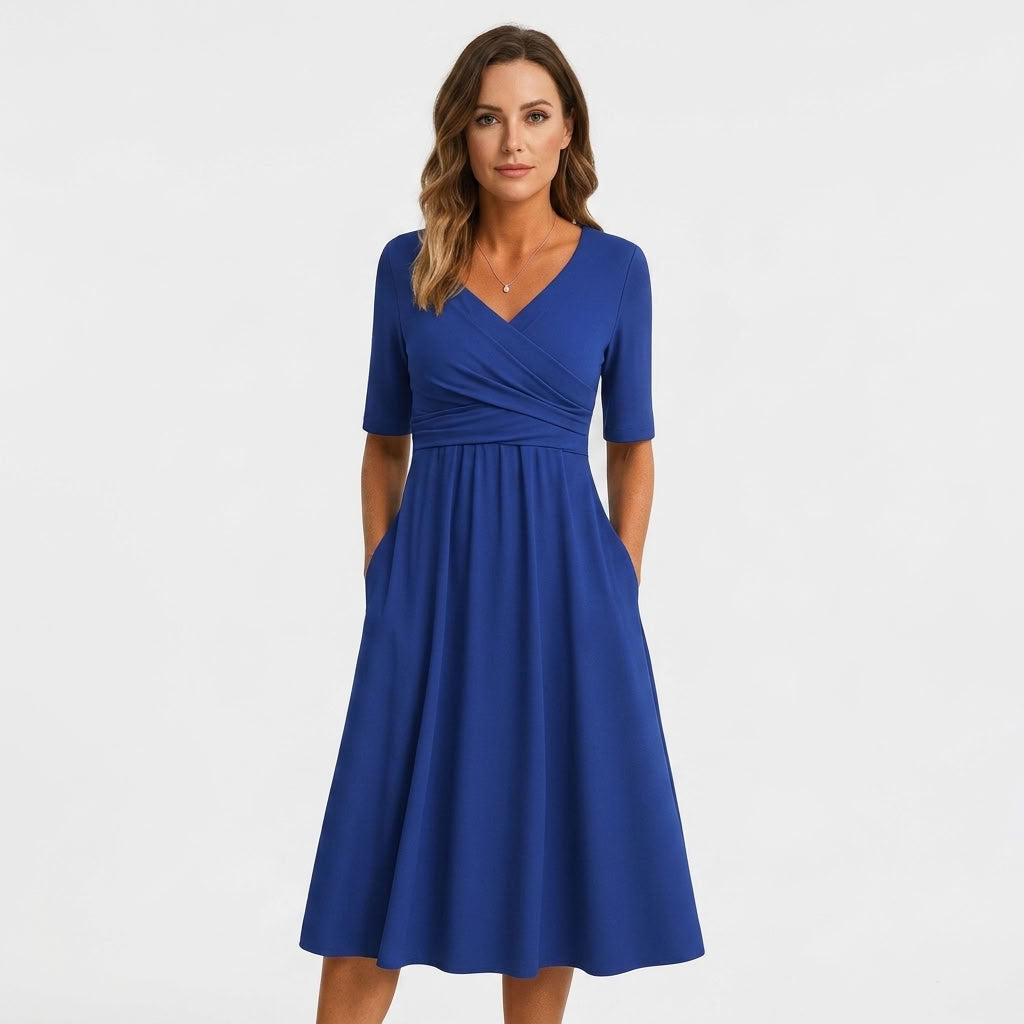 Wrap Neck A-Line Midi Dress For Women