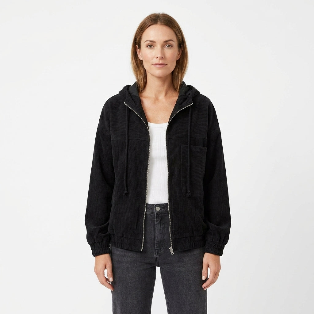 Corduroy Hooded Zip Jacket For Women