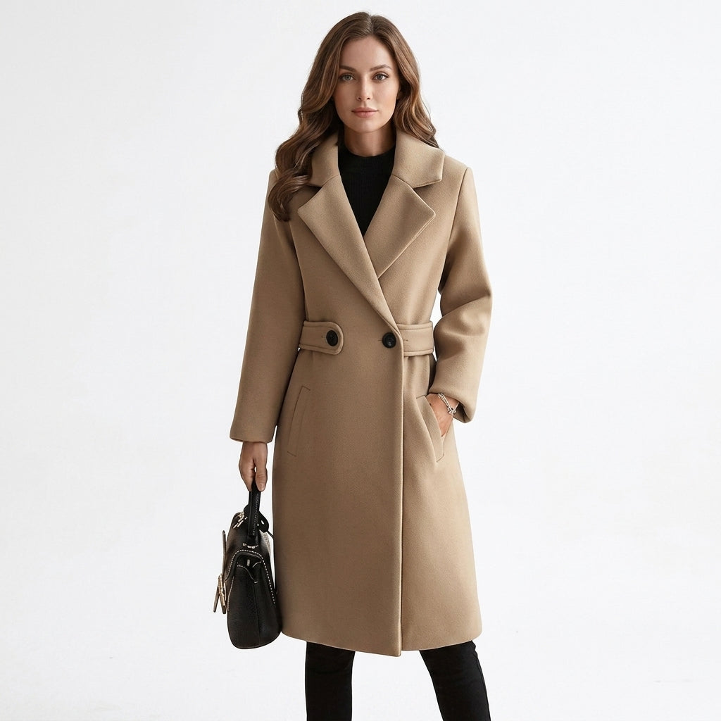 Faux Leather Sheepskin Trim Long Coat For Women