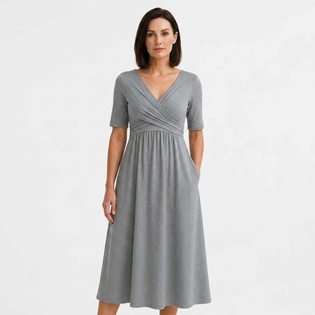 Wrap Neck A-Line Midi Dress For Women