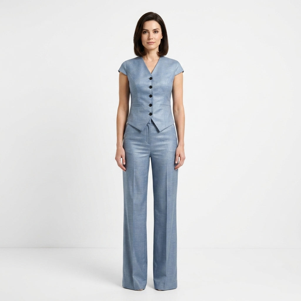 Linen V-Neck Top And Pants Set For Women