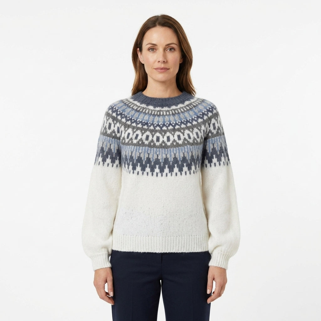 Women’s Nordic-Pattern Crew-Neck Sweater With Relaxed Fit