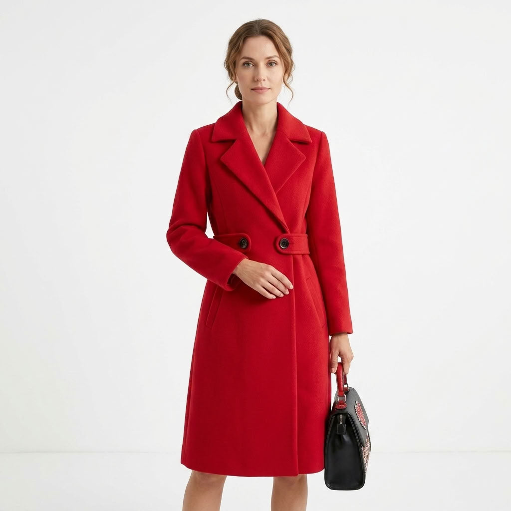 Faux Leather Sheepskin Trim Long Coat For Women
