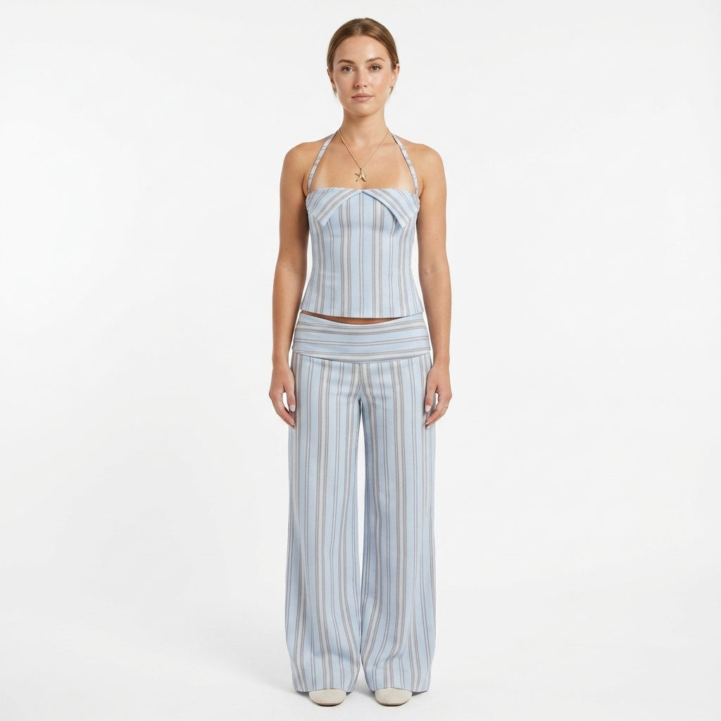 Neck-Tie Top And Striped Pants Set For Women