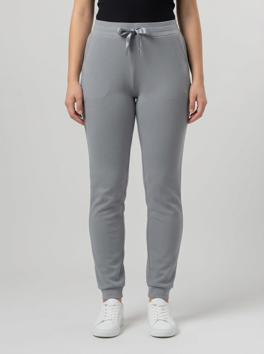 Women's Grey Warm Trackpants With Satin Waist Tie
