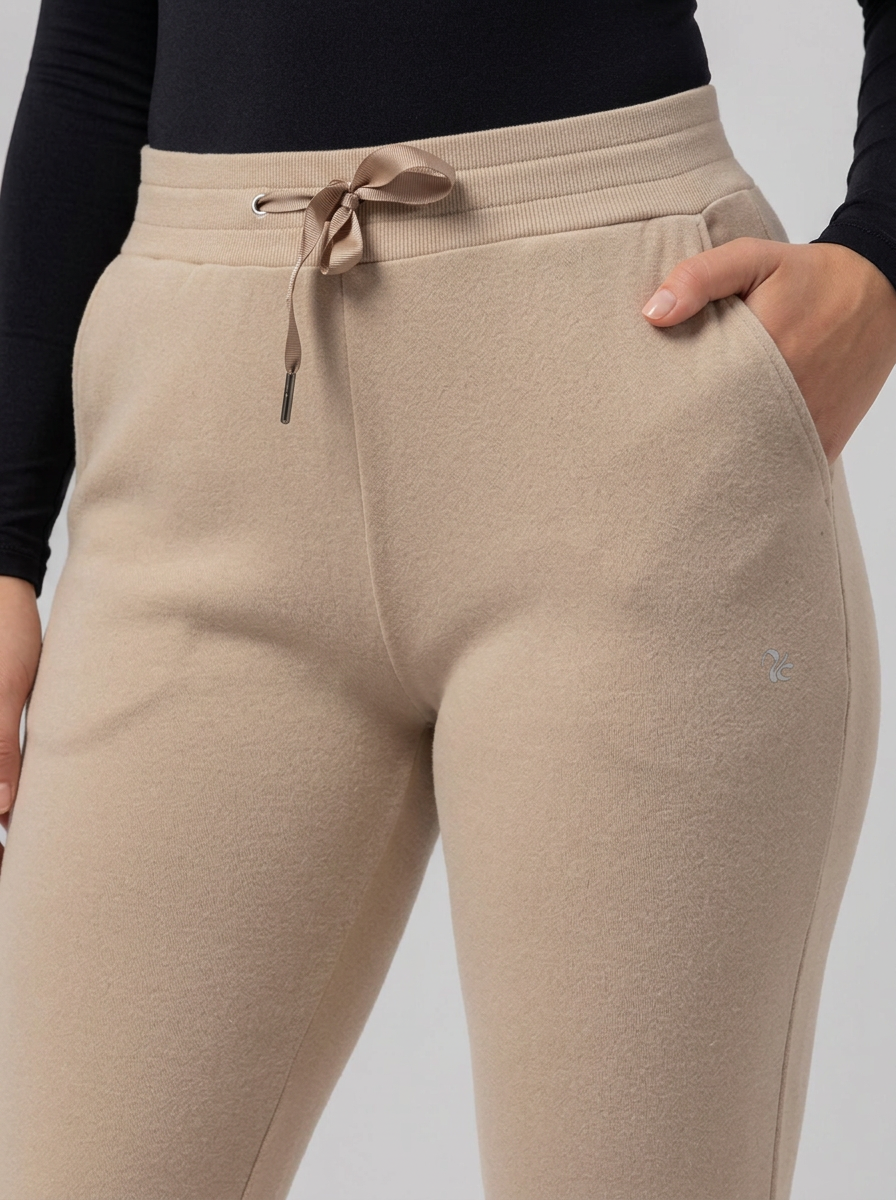 Women's Beige Warm Trackpants With Satin Waist Ribbon