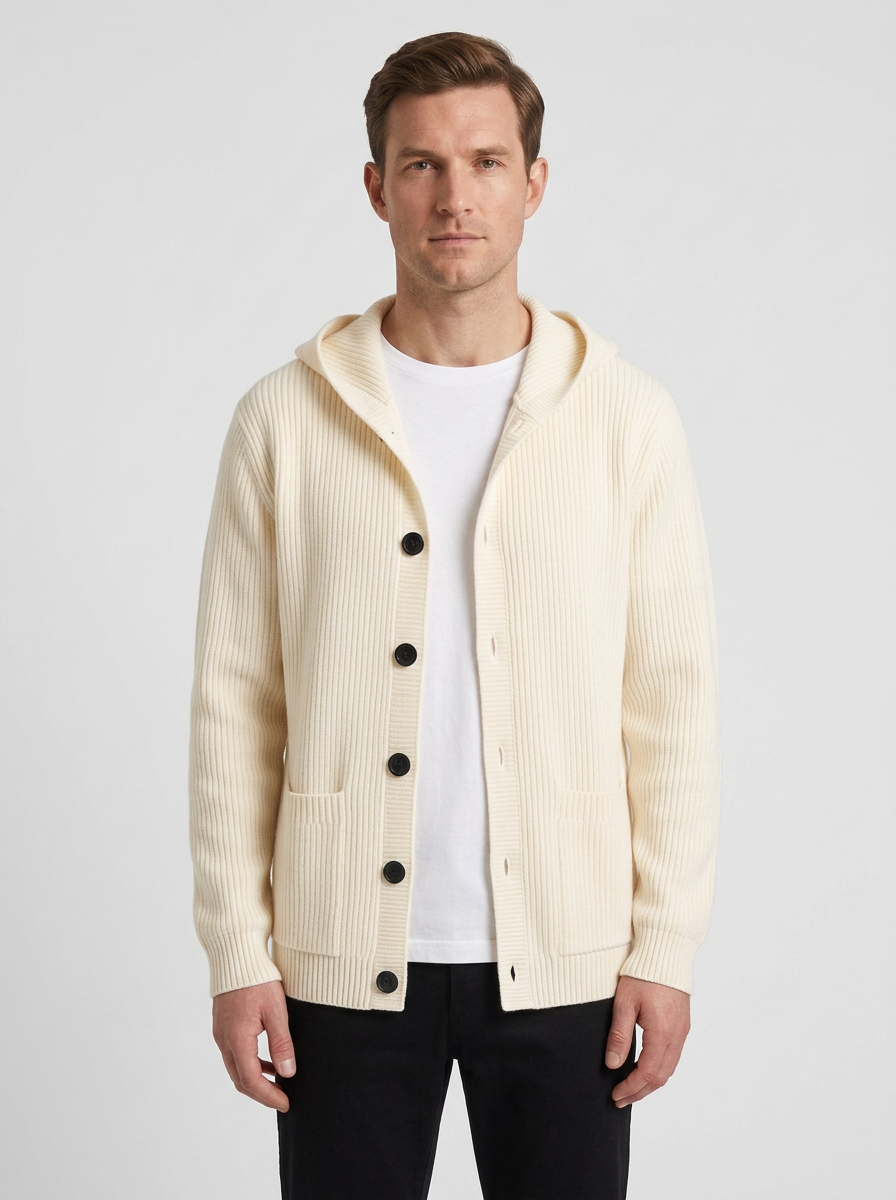 Hooded Wool-Blend Cardigan With Button Front And Ribbed Trim