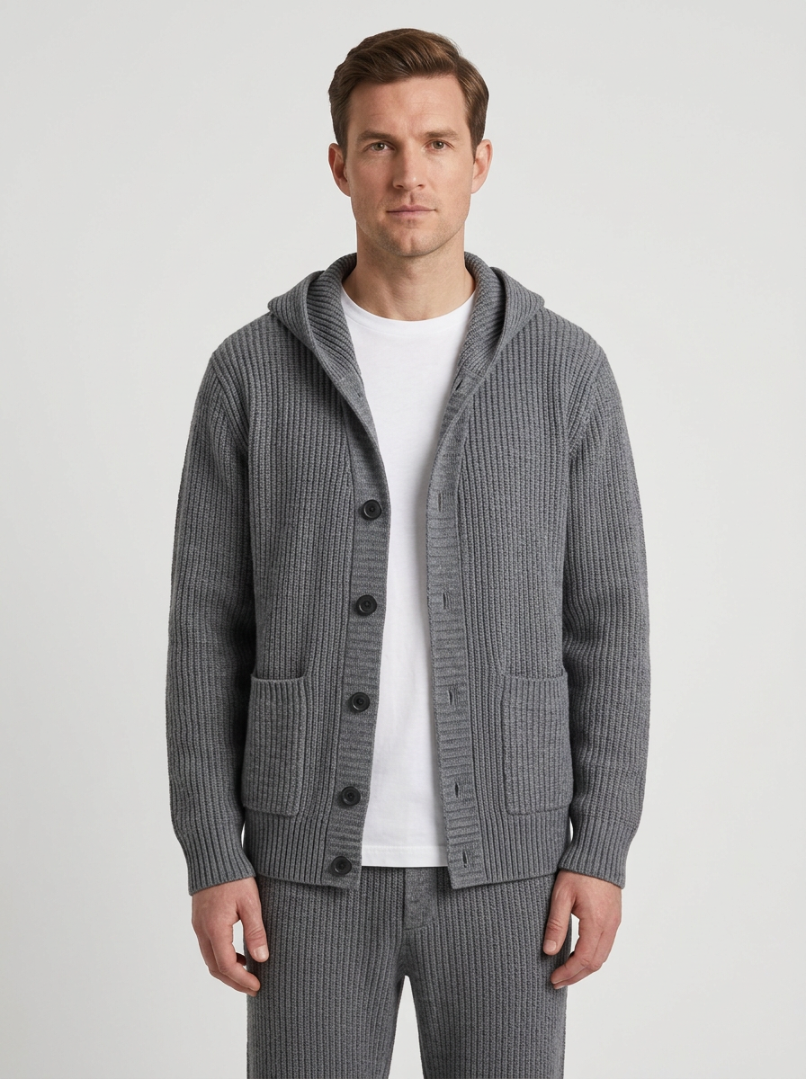 Hooded Wool-Blend Cardigan With Button Front And Ribbed Trim