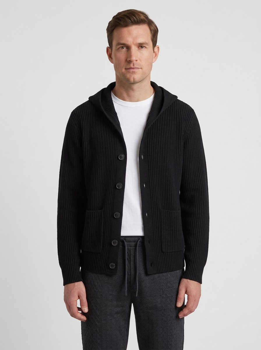 Hooded Wool-Blend Cardigan With Button Front And Ribbed Trim