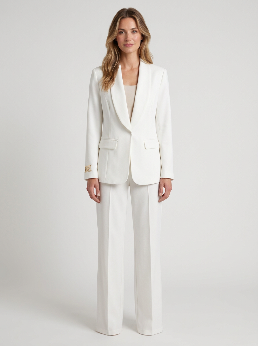 Women's Ecru Blazer And Flared Trouser Suit With Belt