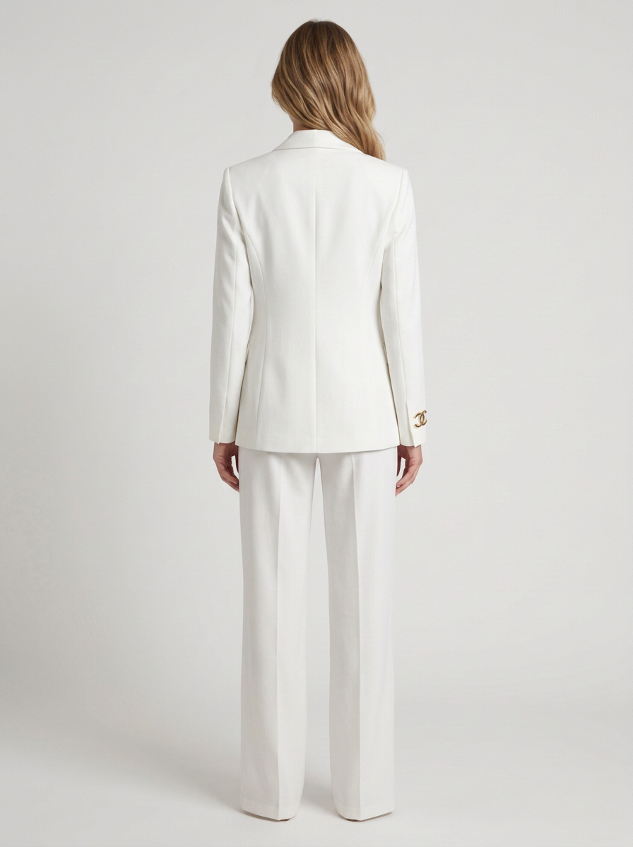 Women's Ecru Blazer And Flared Trouser Suit With Belt