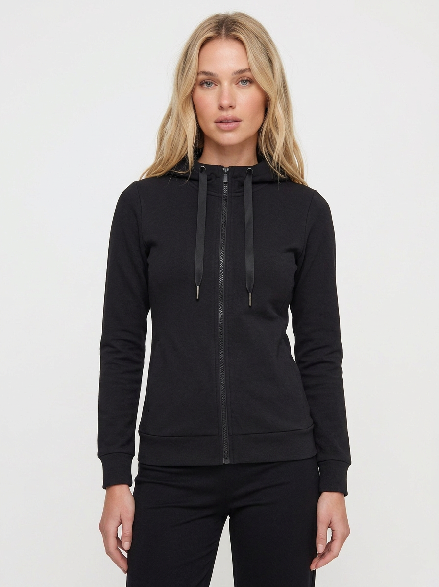 Women’s Black Zip-Up Hoodie With Satin Ribbon Accent