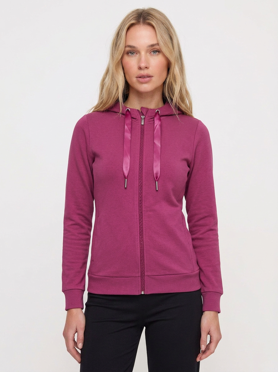 Women’s Pink Zip-Up Hoodie With Satin Ribbon Detail