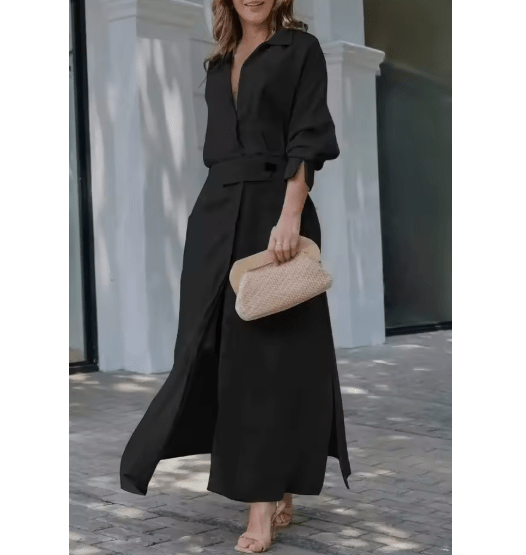 Barbara | Sukienka maxi z bawełny i lnu z guzikami i paskiem w talii - Kup online w Loafis