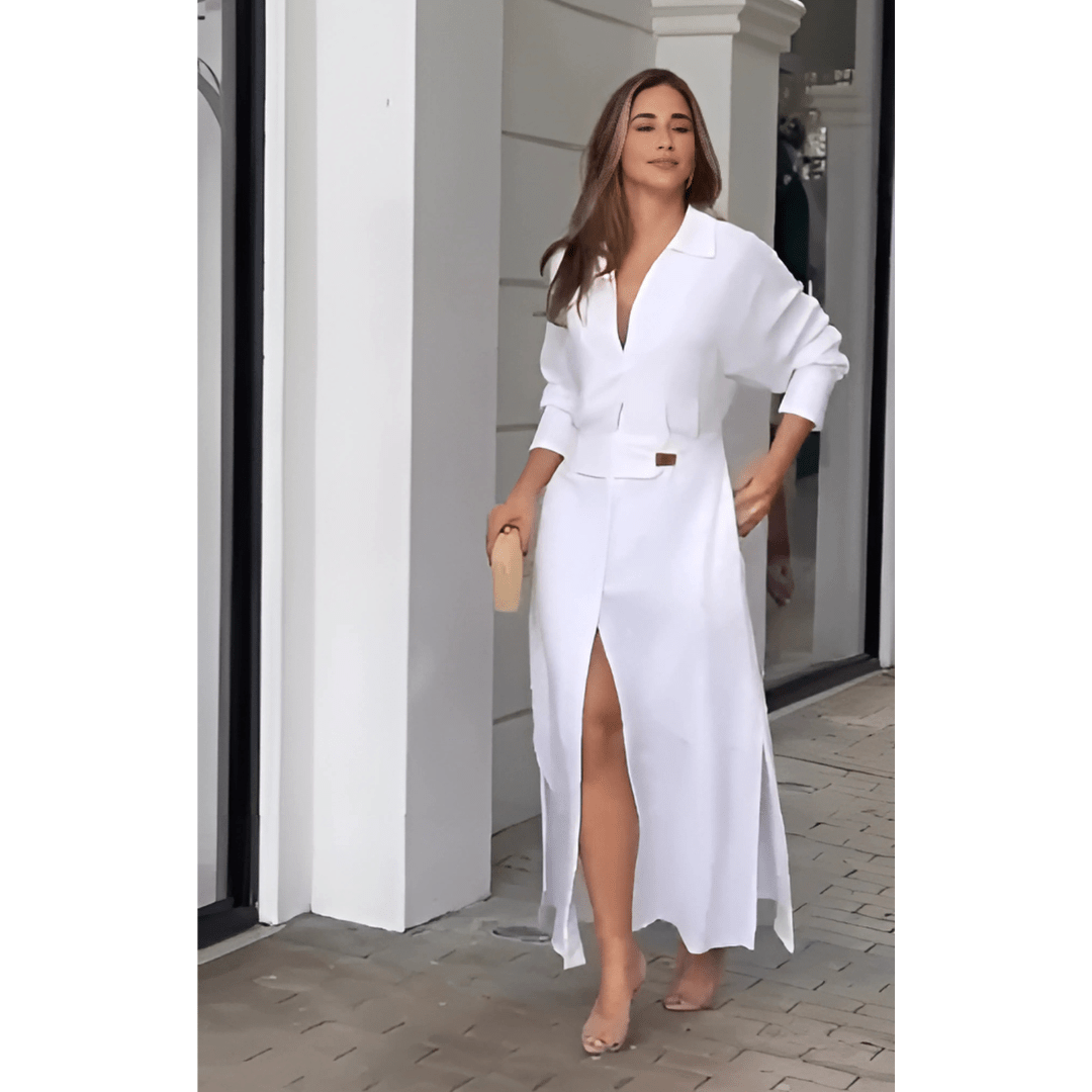 Barbara | Sukienka maxi z bawełny i lnu z guzikami i paskiem w talii - Kup online w Loafis