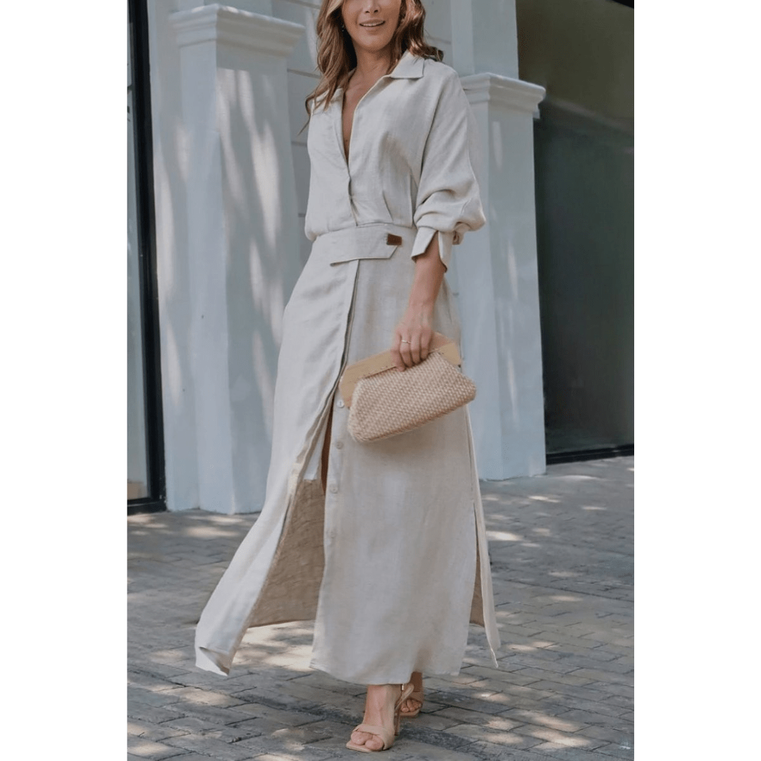 Barbara | Sukienka maxi z bawełny i lnu z guzikami i paskiem w talii - Kup online w Loafis