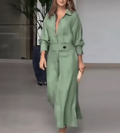 Barbara | Sukienka maxi z bawełny i lnu z guzikami i paskiem w talii - Kup online w Loafis